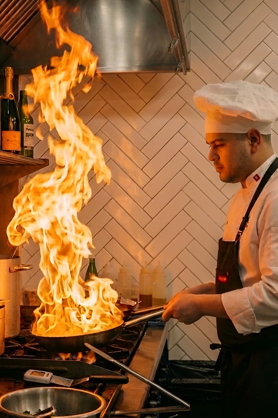 Chef flambeando un plato en sartén dentro de la cocina del restaurante